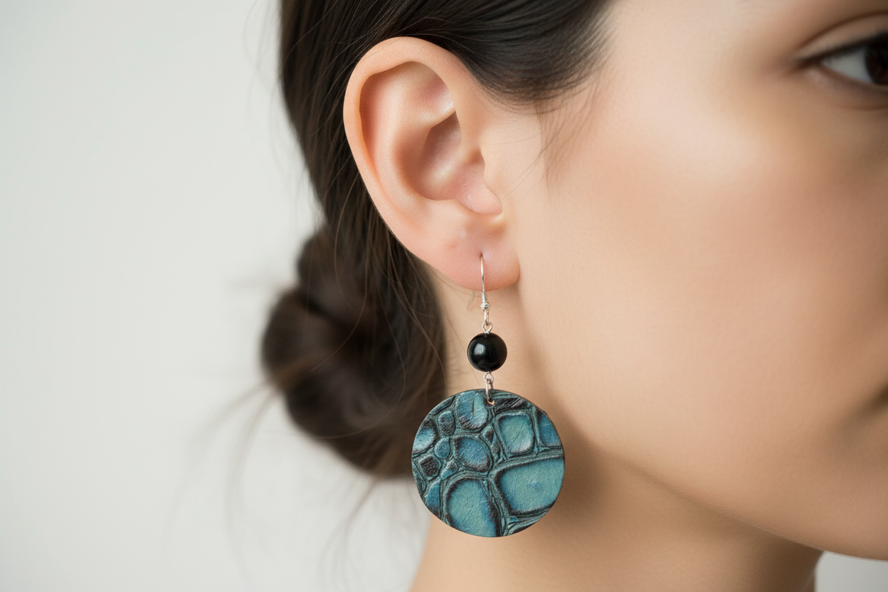 Lifestyle photo of Blue and Black with onyx Earrings being worn