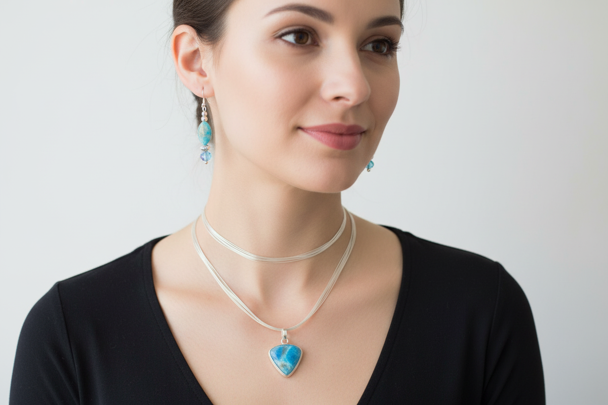 Lifestyle photo of Blue Apatite Choker Necklace Set showing necklace and earrings being worn together