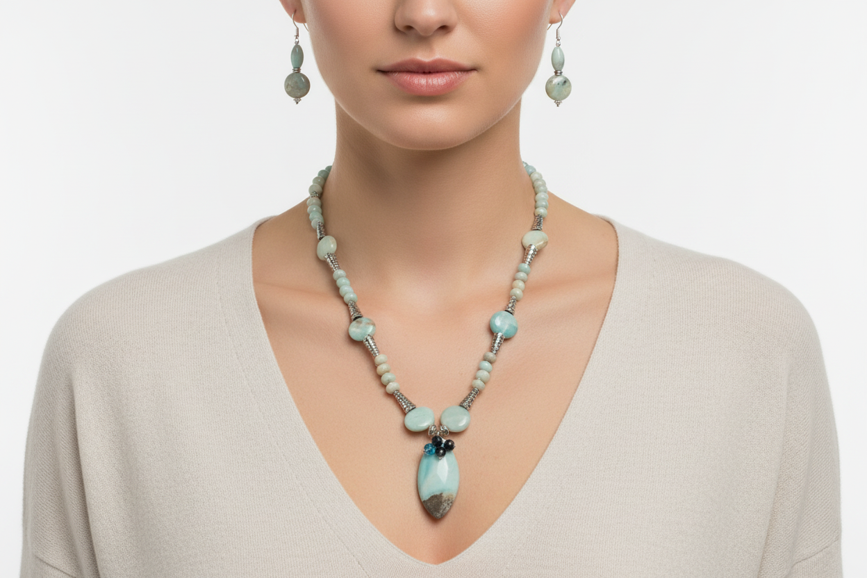 Lifestyle photo of Amazonite Necklace Set showing necklace and earrings being worn together
