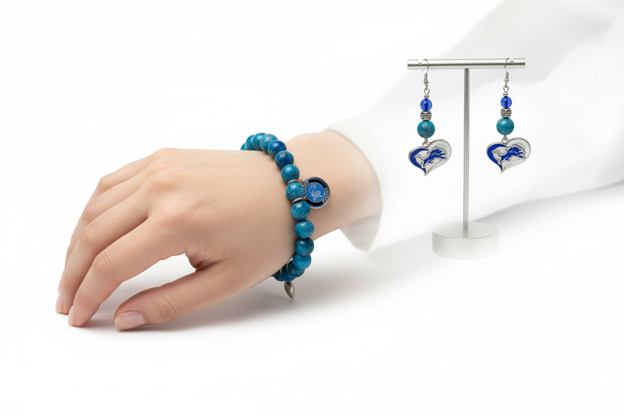 Lifestyle photo of Detroit Lions Heart Logo Apatite & Czech Glass Set showing bracelet and earrings being worn together