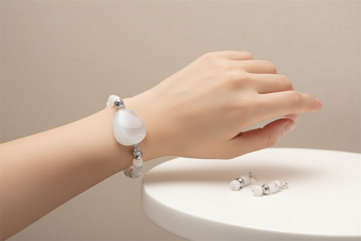 Lifestyle photo of White Agate Bracelet Set showing bracelet and earrings being worn together