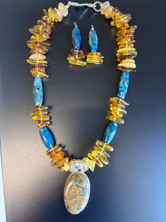 Blue Apatite and Baltic Amber with Fruit Jasper