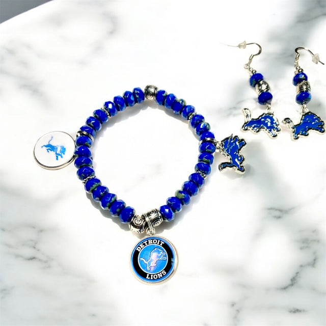 Detroit Lions bracelet set with navy blue Czech glass beads, silver spacers, and team logo earrings