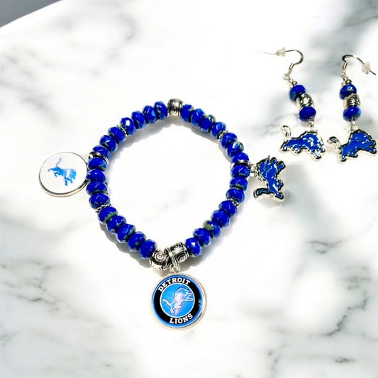 Detroit Lions bracelet set with navy blue Czech glass beads, silver spacers, and team logo earrings