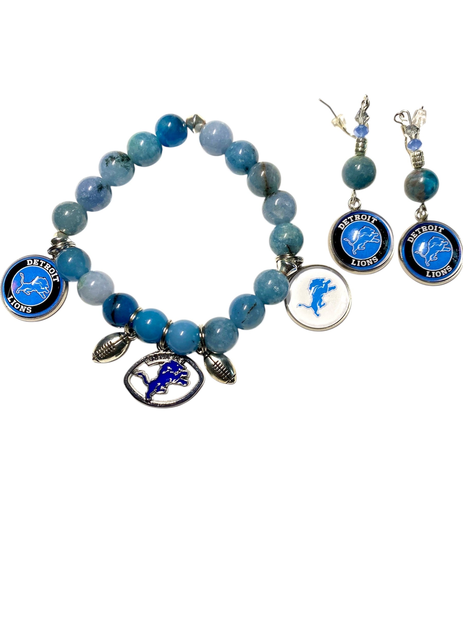 Detroit Lions bracelet and earring set with Angelite semi-precious stones, team logo charm, and silver spacers
