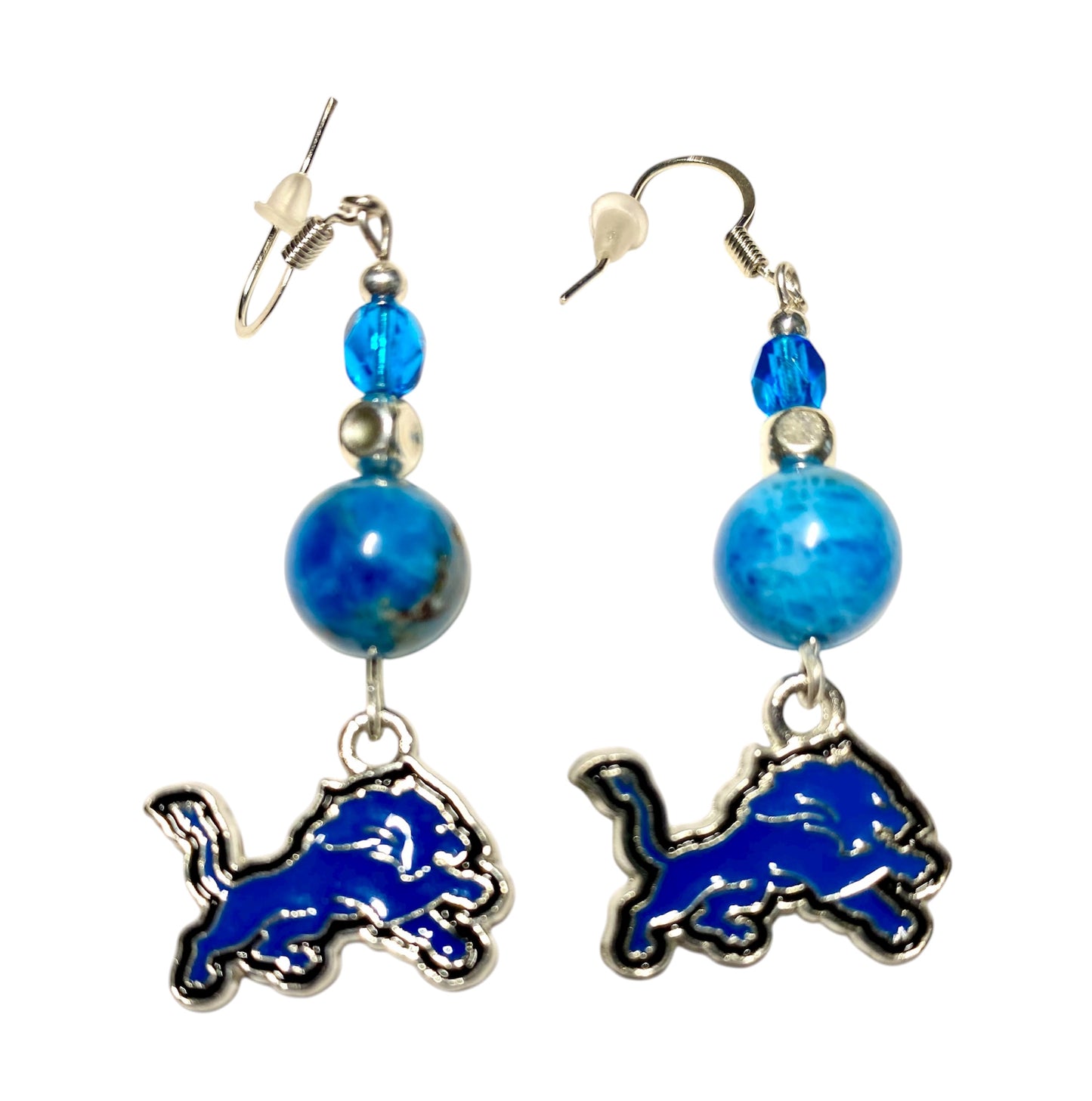Detroit Lions earrings with blue apatite stones, Czech glass beads, silver spacers, and team logo on fish hook wires
