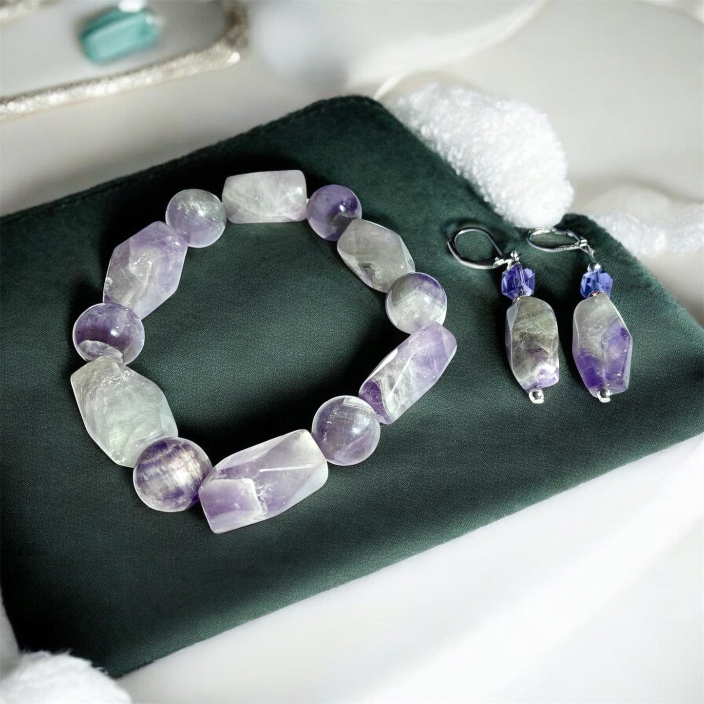 Natural lavender amethyst stretch bracelet and drop earring set – artisan gemstone jewelry