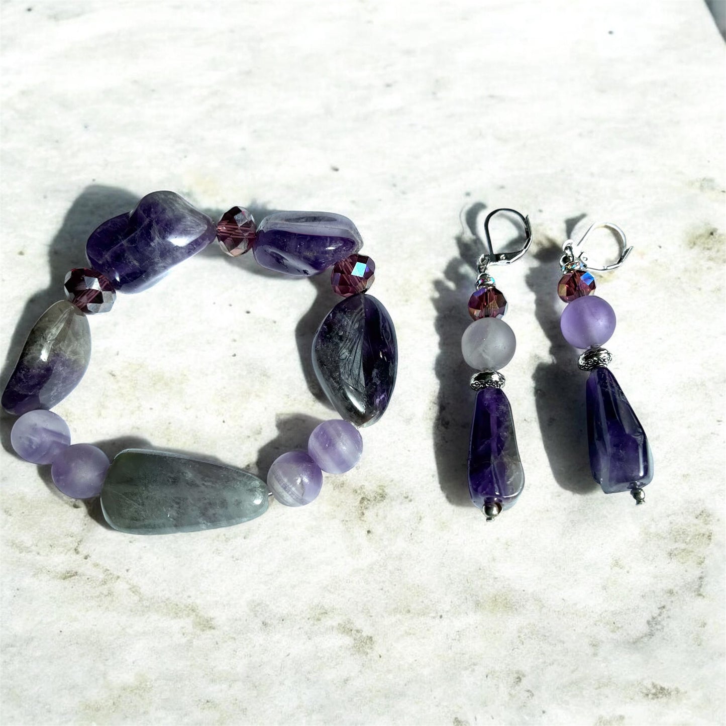 Handcrafted purple amethyst bracelet and lever back earring set – Ora's Jewelz gemstone jewelry
