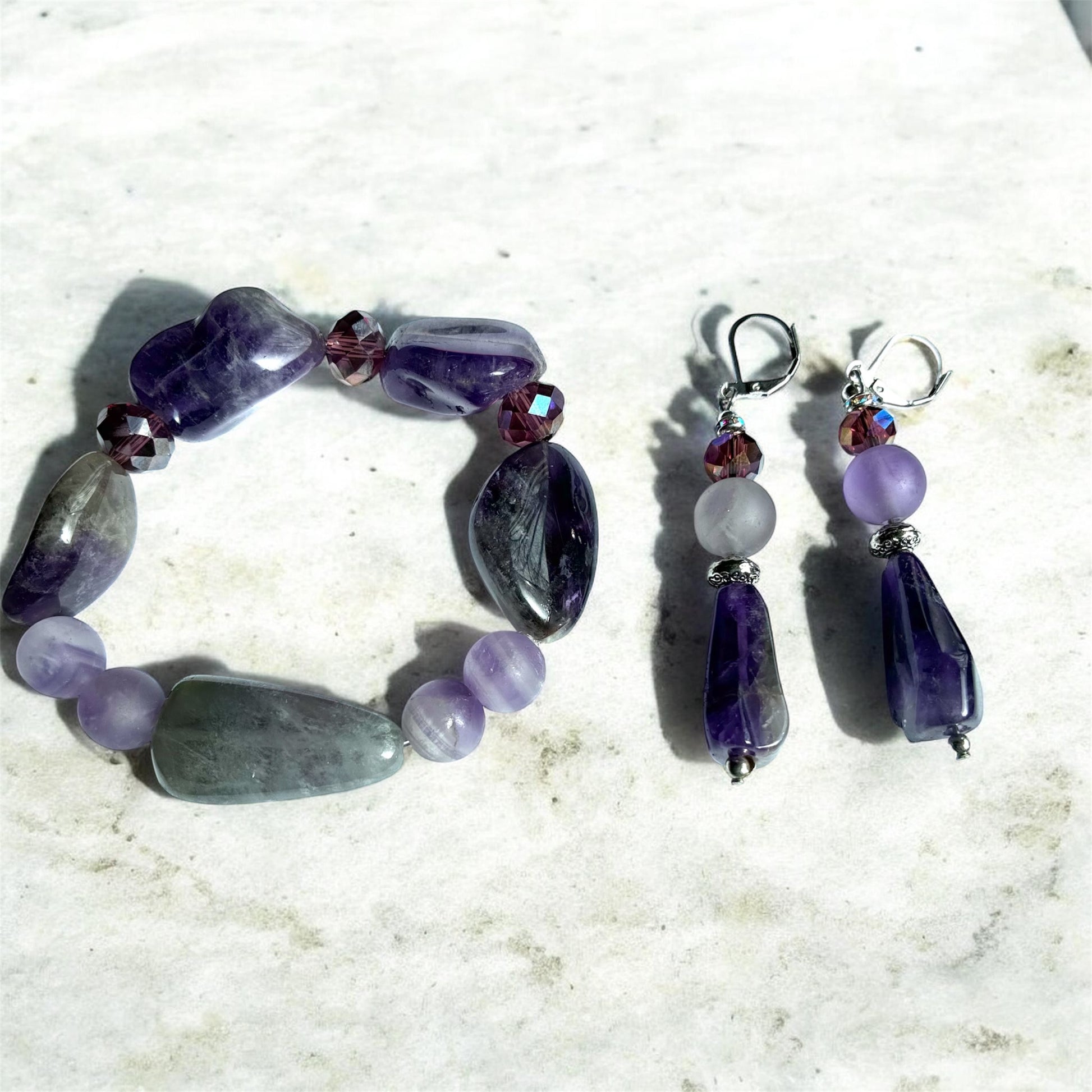 Handcrafted purple amethyst bracelet and lever back earring set – Ora's Jewelz gemstone jewelry