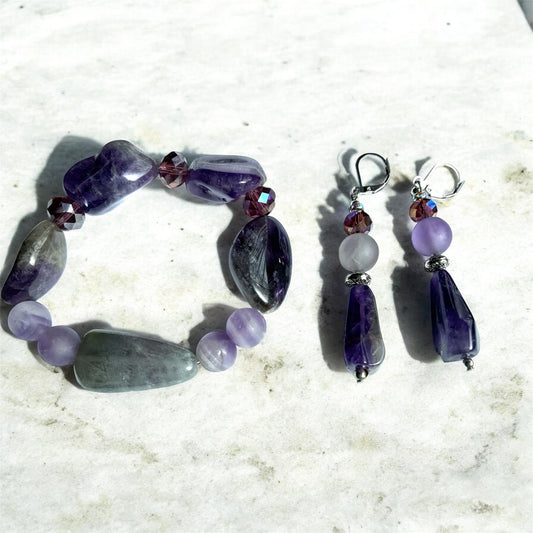 Handcrafted purple amethyst bracelet and lever back earring set – Ora's Jewelz gemstone jewelry