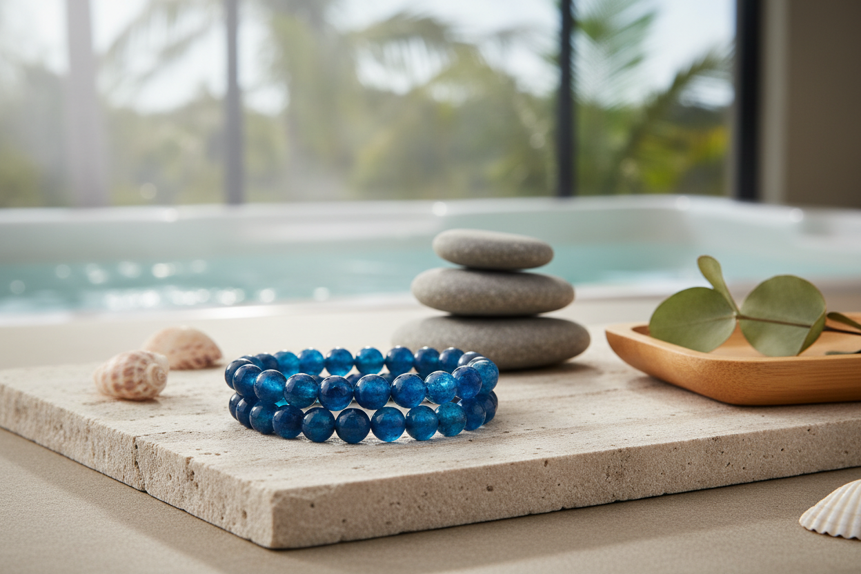 Premium lifestyle photo of Honolulu Blue Apatite Bracelet Set on natural spa setting