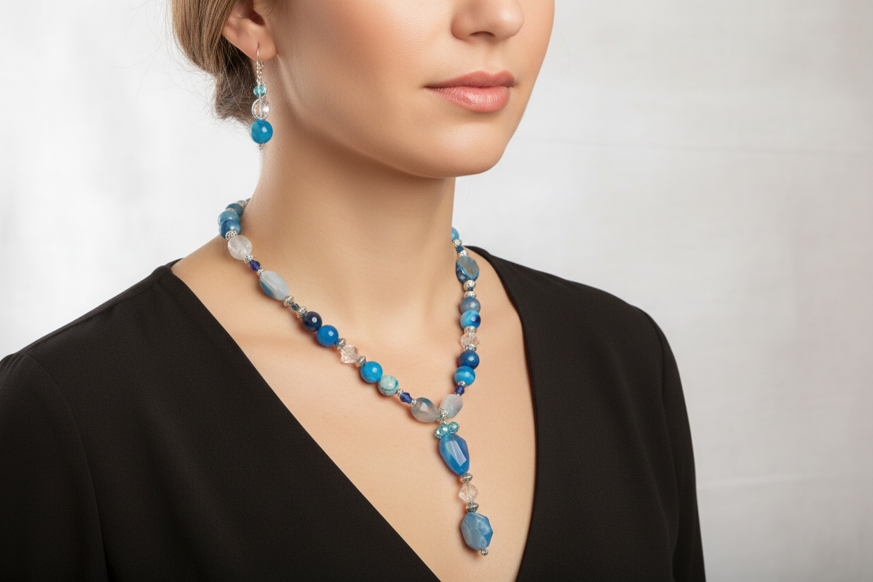 Lifestyle photo of Blue Apatite & Quartz Necklace Set showing necklace and earrings being worn together