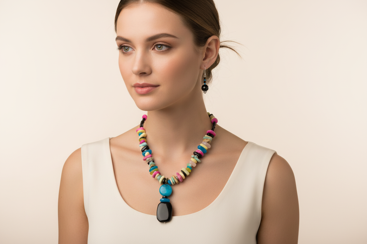 Lifestyle photo of Colorful Agate and Onyx Necklace Set showing necklace and earrings being worn together