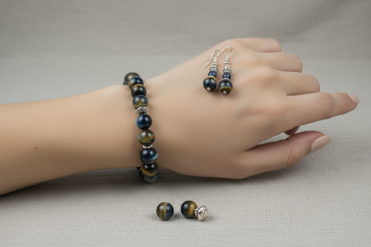 Lifestyle photo of Golden Blue Tiger Eye Bracelet set showing bracelet and earrings being worn together