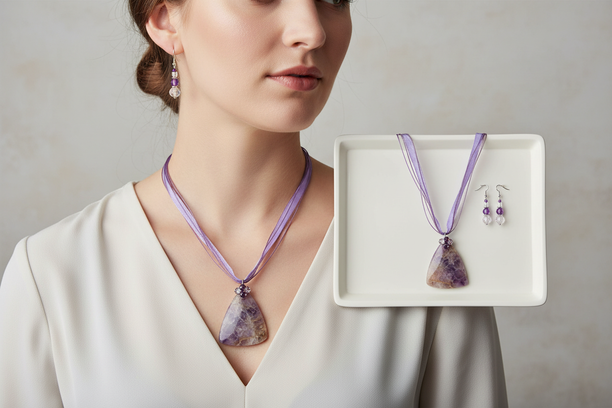 Lifestyle photo of Amethyst Pyramid Necklace Set showing necklace and earrings being worn together