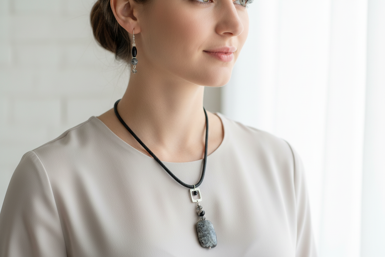 Lifestyle photo of Labradorite, Orca Agate and Onyx on Leather necklace being worn