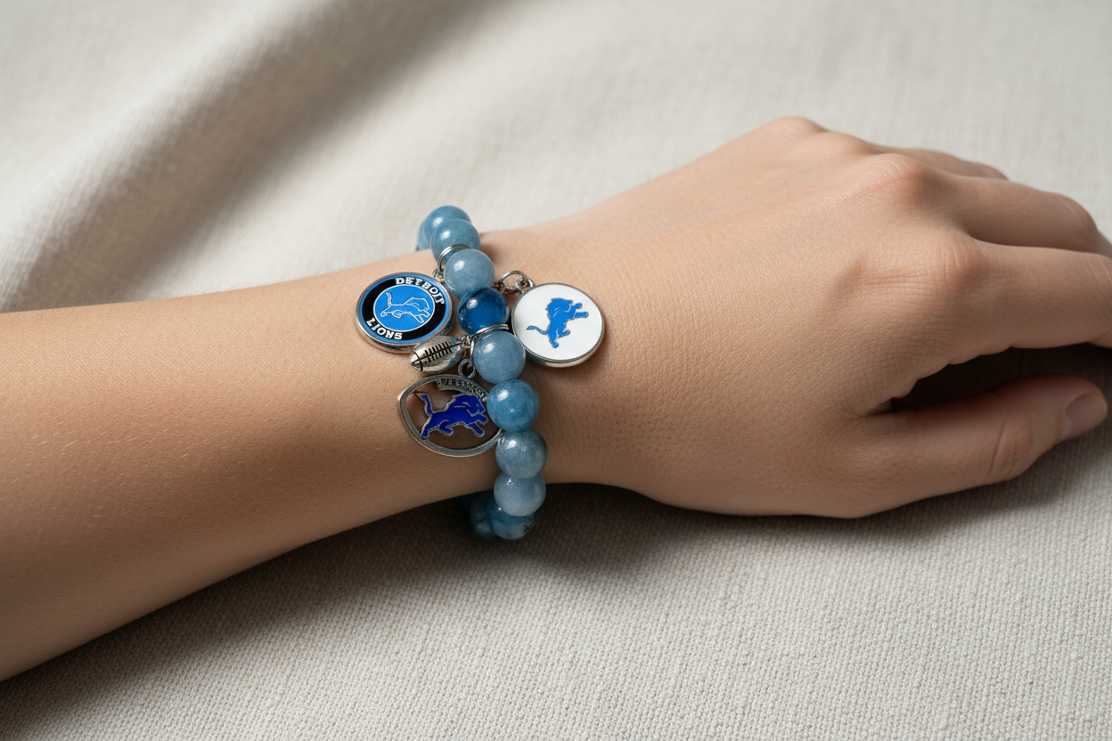 Lifestyle photo of Detroit Lions Angelite Bracelet being worn, showing soft blue gemstones and team charm