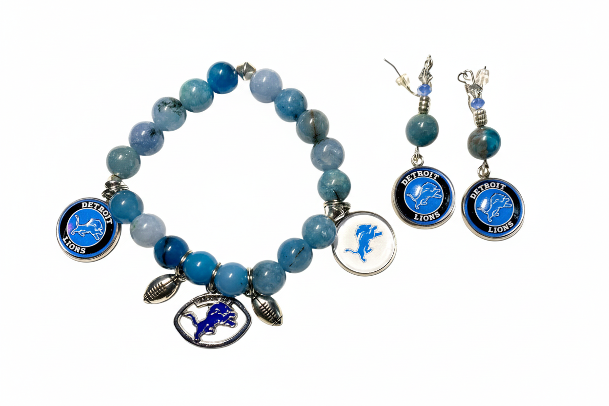 Detroit Lions Angelite Bracelet Set with earrings on white background, professional product photography