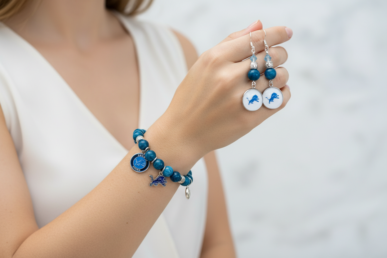 Lifestyle photo of Detroit Lions Versatile Apatite Bracelet Set - Day to Night showing bracelet and earrings being worn together