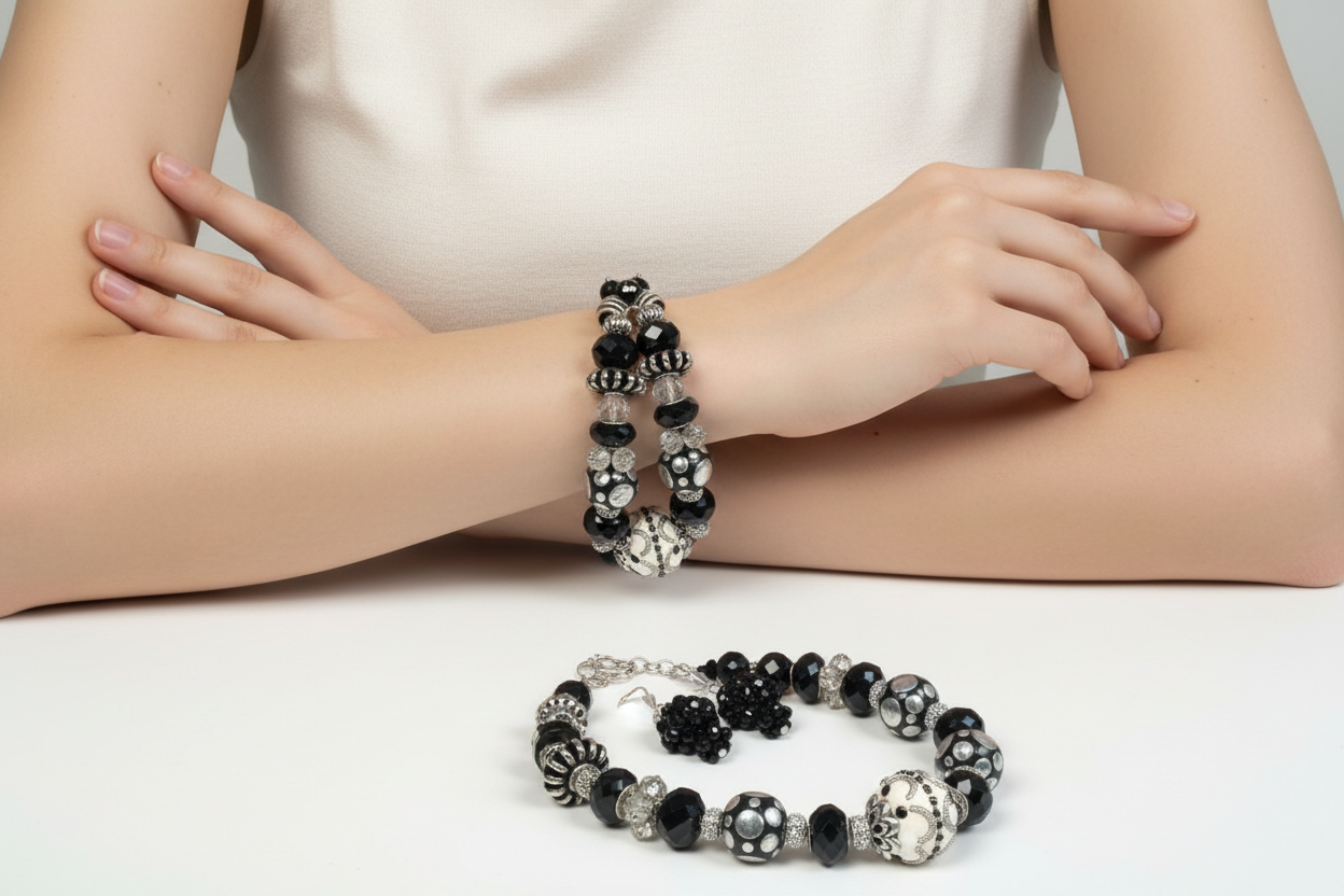 Lifestyle photo of Black and Silver Bracelet Set showing bracelet and earrings being worn together