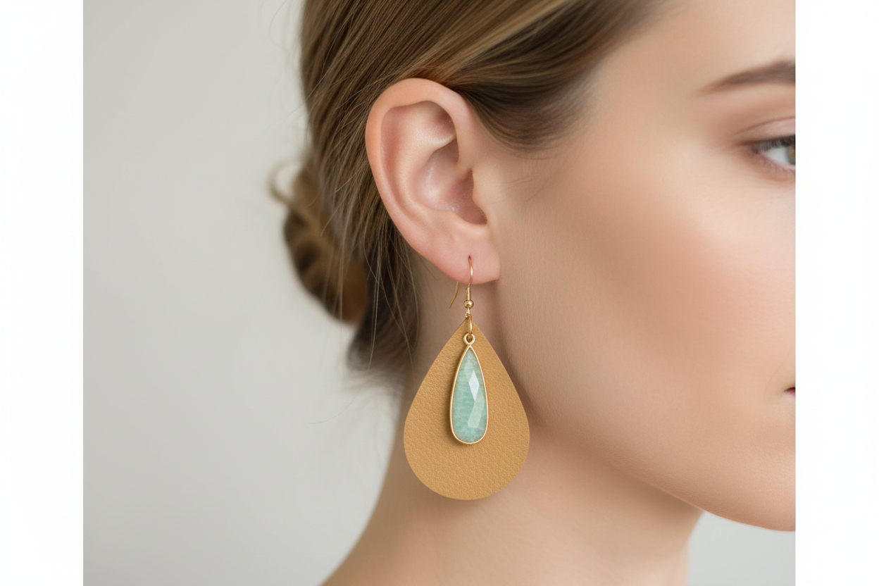 Lifestyle photo of Larimar & Leather Earrings being worn