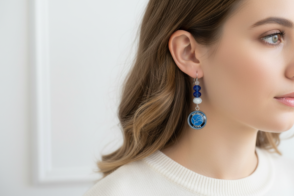Lifestyle photo of Detroit Lions White & Blue Czech Bead Earrings being worn