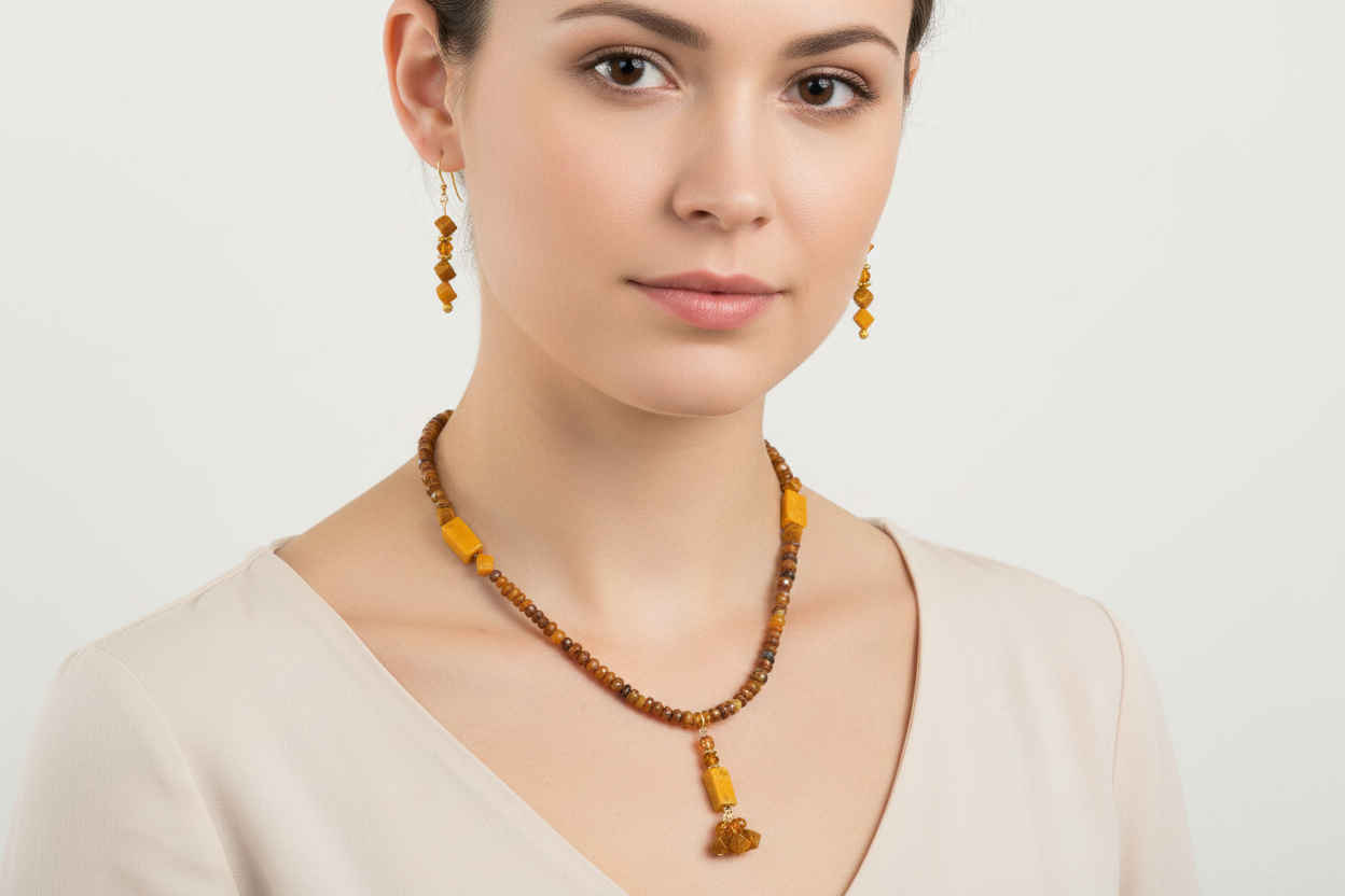 Lifestyle photo of Yellow Jasper and Coffee Agate necklace being worn