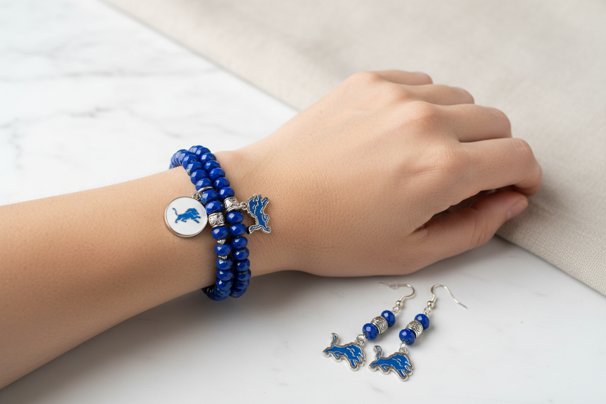Lifestyle photo of Detroit Lions Blue Czech Glass Bracelet Set showing bracelet and earrings being worn together