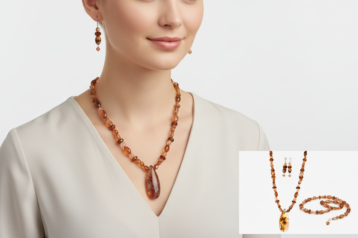 Lifestyle photo of Fire Cherry Quartz Necklace Set showing necklace and earrings being worn together