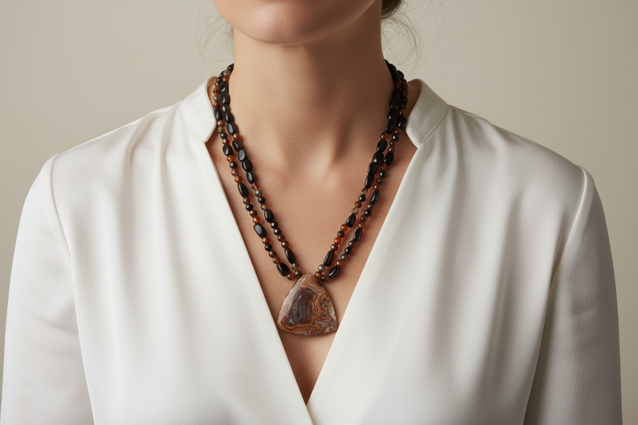 Lifestyle photo of Crazy lace agate, onyx, sandonyx necklace being worn