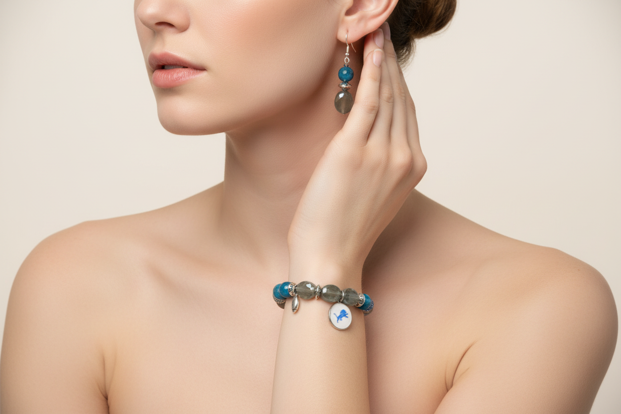 Lifestyle photo of Detroit Lions Gray Czech Glass & Apatite Bracelet Set showing bracelet and earrings being worn together