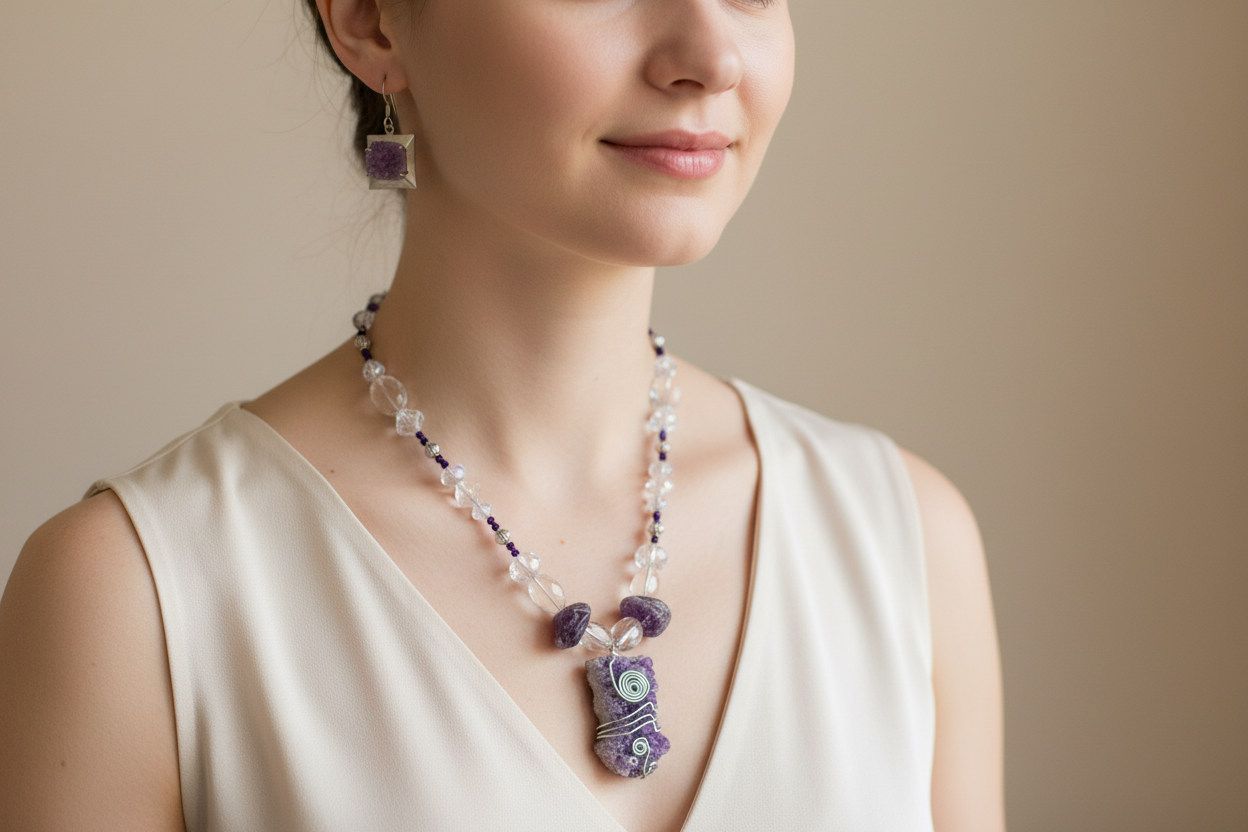 Lifestyle photo of Raw Amethyst Druzy Necklace Set showing necklace and earrings being worn together