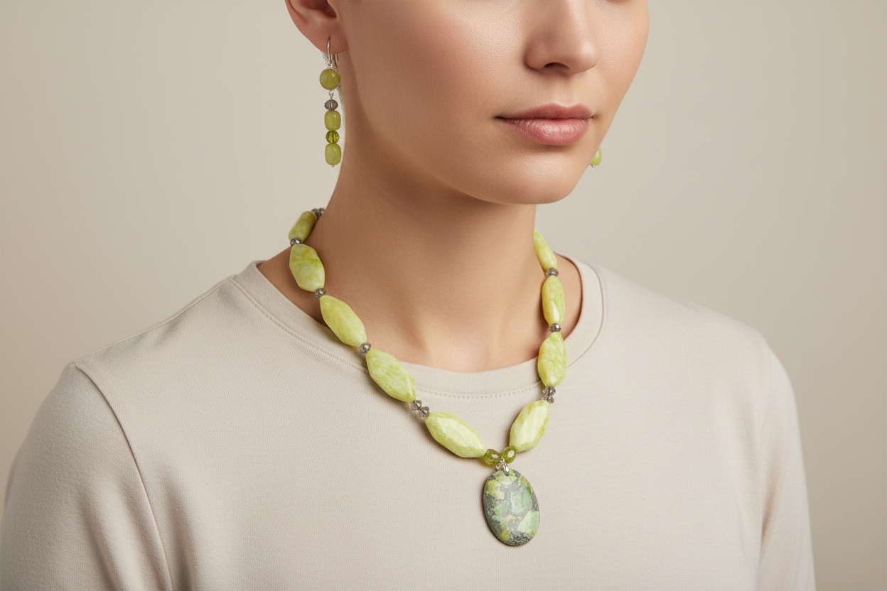 Lifestyle photo of Green Sea Sediment Jasper and Yellow Serpentine Necklace Set showing necklace and earrings being worn together
