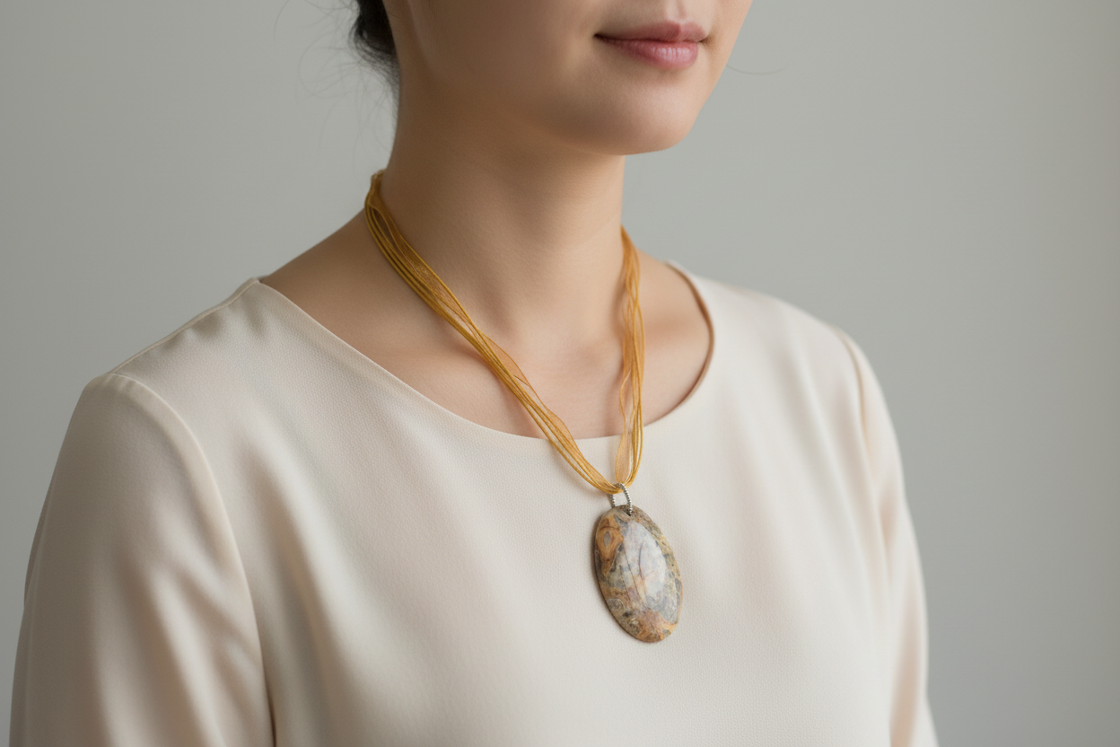 Lifestyle photo of Crazy Lace Agate Necklace being worn