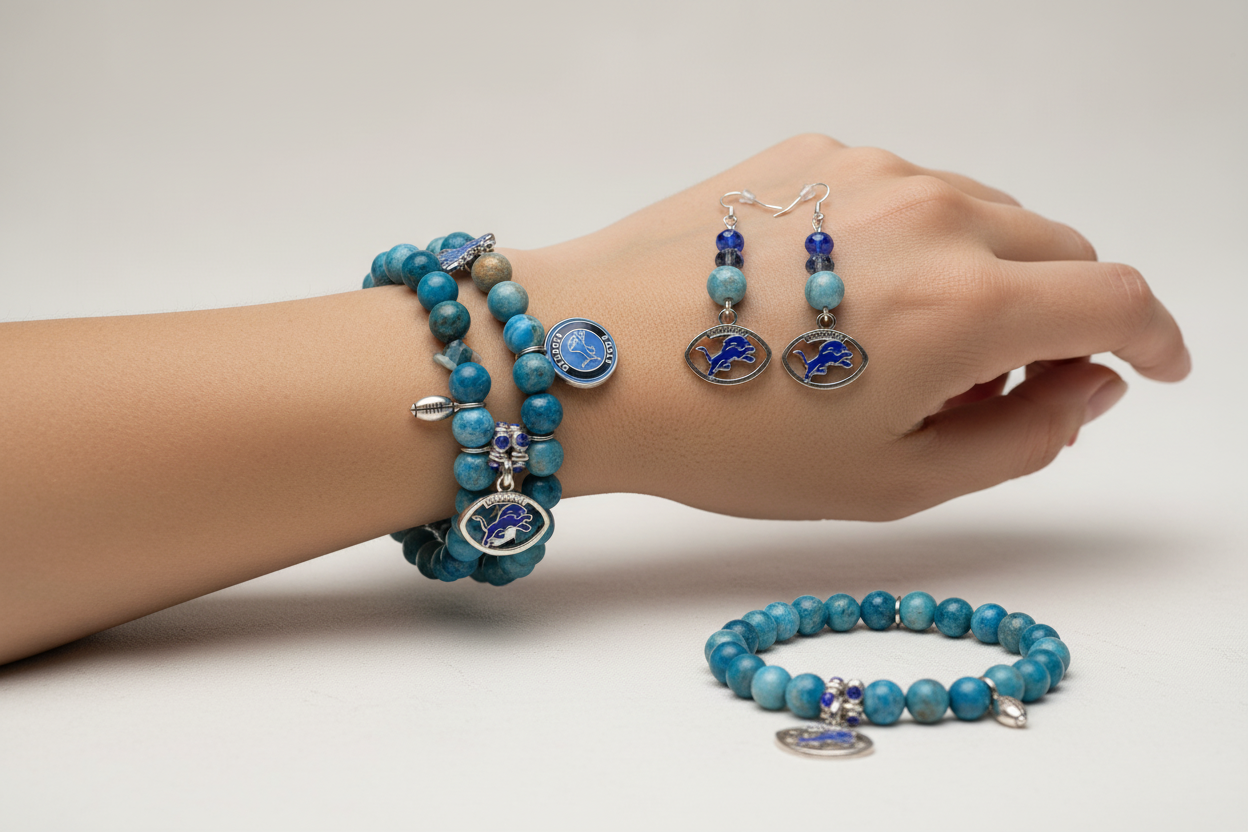 Lifestyle photo of Detroit Lions Premium Apatite & Football Charms Set showing bracelet and earrings being worn together