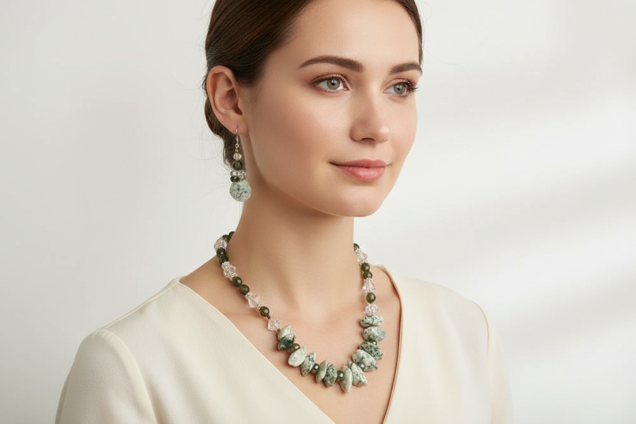 Lifestyle photo of Green Tree Agate Necklace Set showing necklace and earrings being worn together