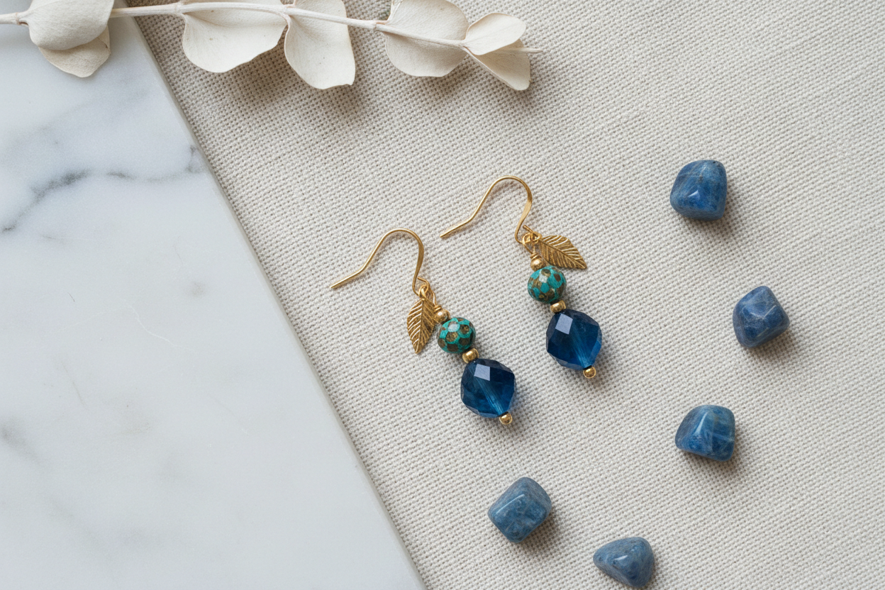 Elegant flat lay of blue apatite and Czech glass earrings on minimalist spa background