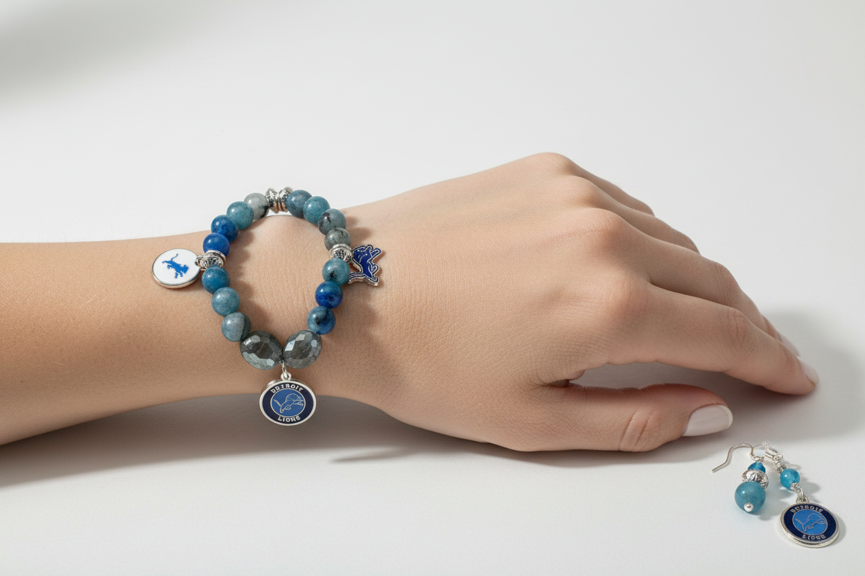 Lifestyle photo of Detroit Lions Gray Apatite & Czech Glass Set - Understated showing bracelet and earrings being worn together