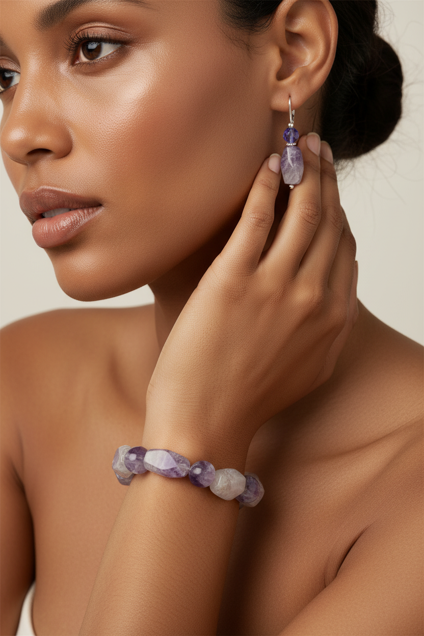 Lavender Amethyst Bracelet Set on Medium-Dark Skin Model