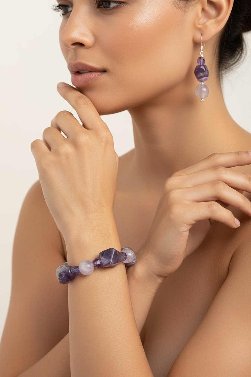 Lavender Amethyst Bracelet Set on Medium Tan Skin Model